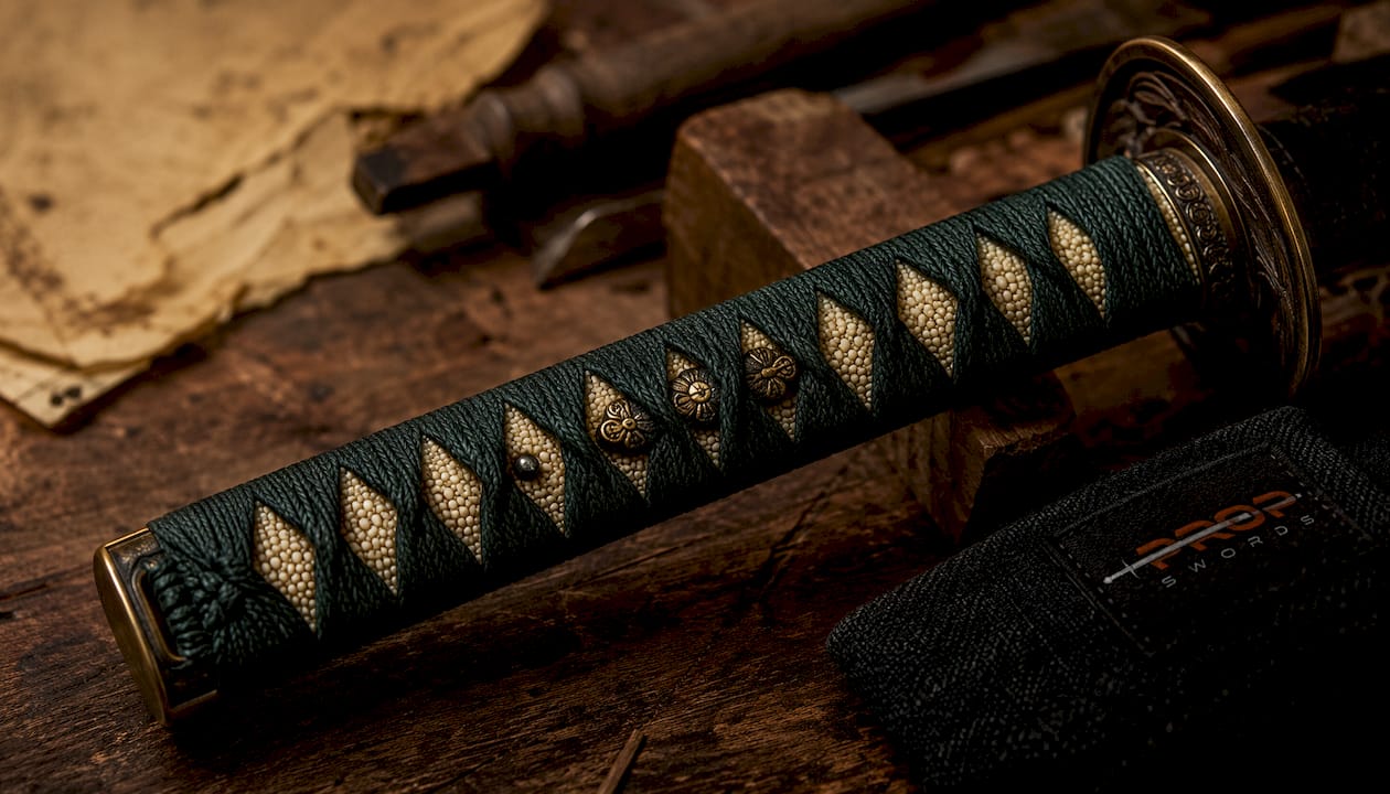 Close-up of Japanese katana handle details