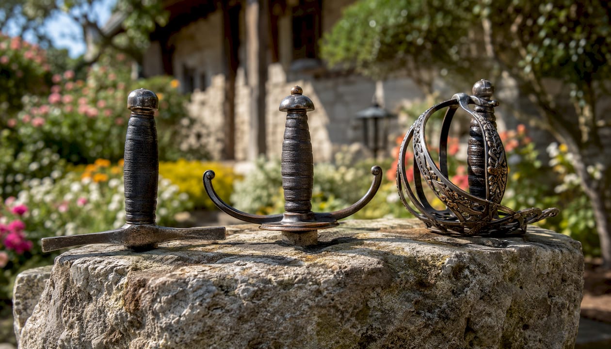 Medieval sword guards displayed outdoors