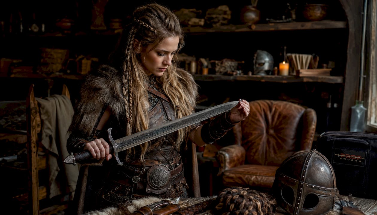 Cosplayer holding Viking sword replica outdoors