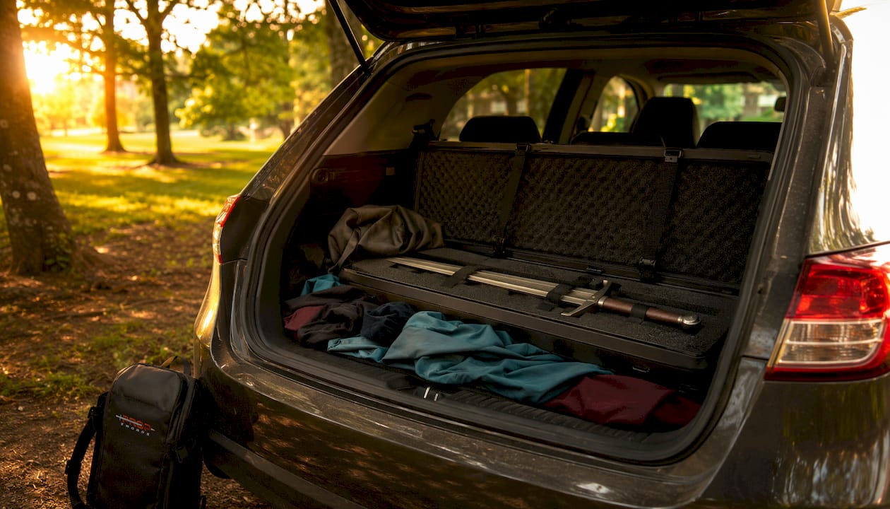 Cosplay sword packed safely in car trunk