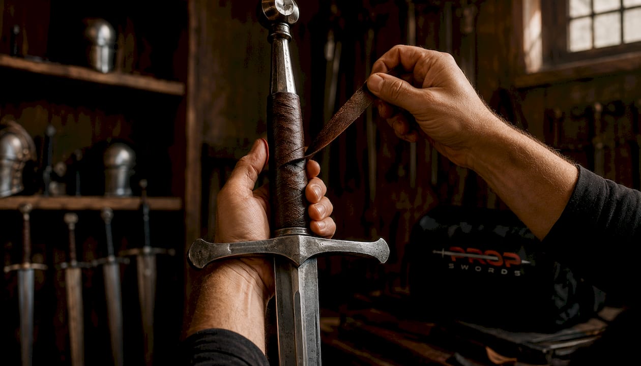 Close-up of hands inspecting sword tang