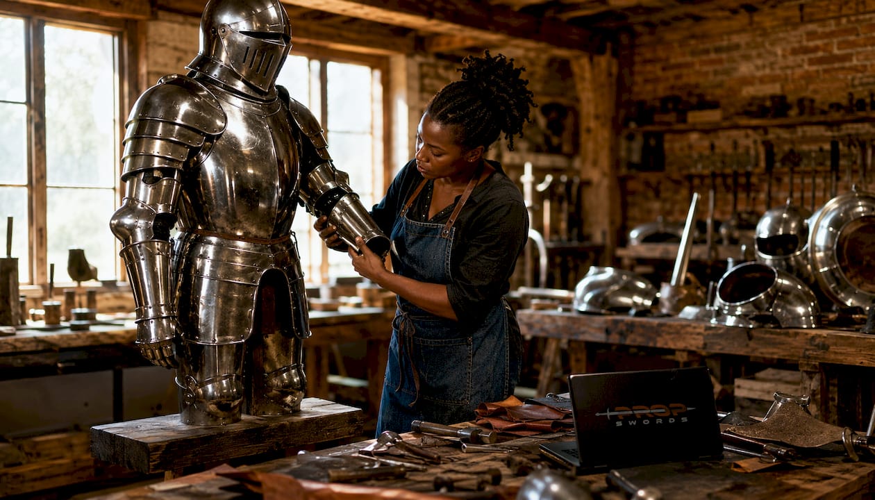 Armorer inspecting full plate armor replica