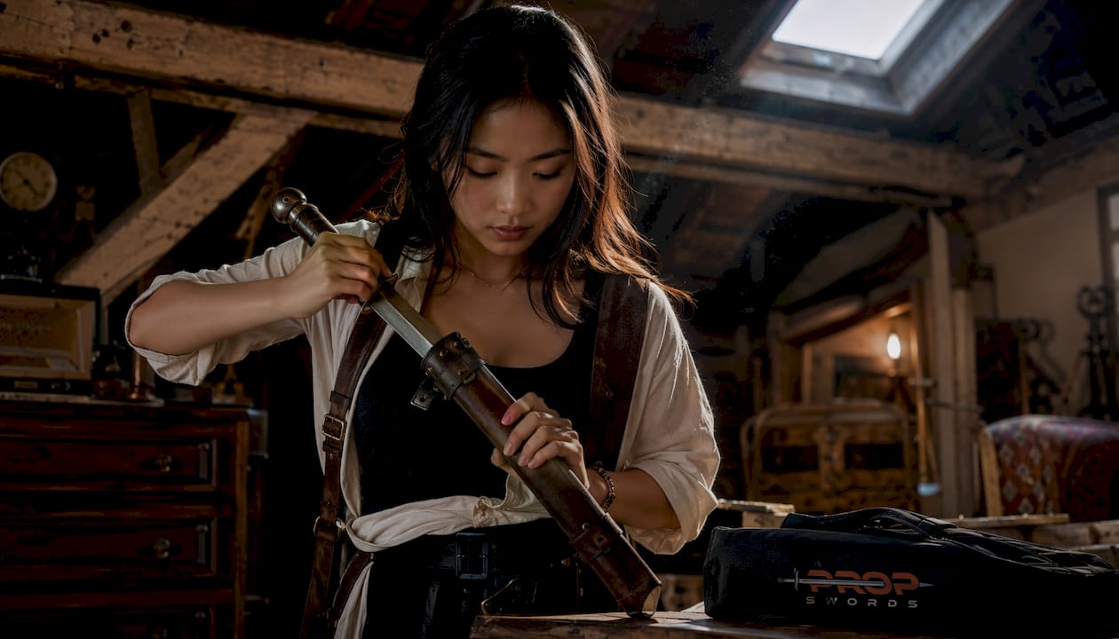 Cosplayer securing escrima sword replica