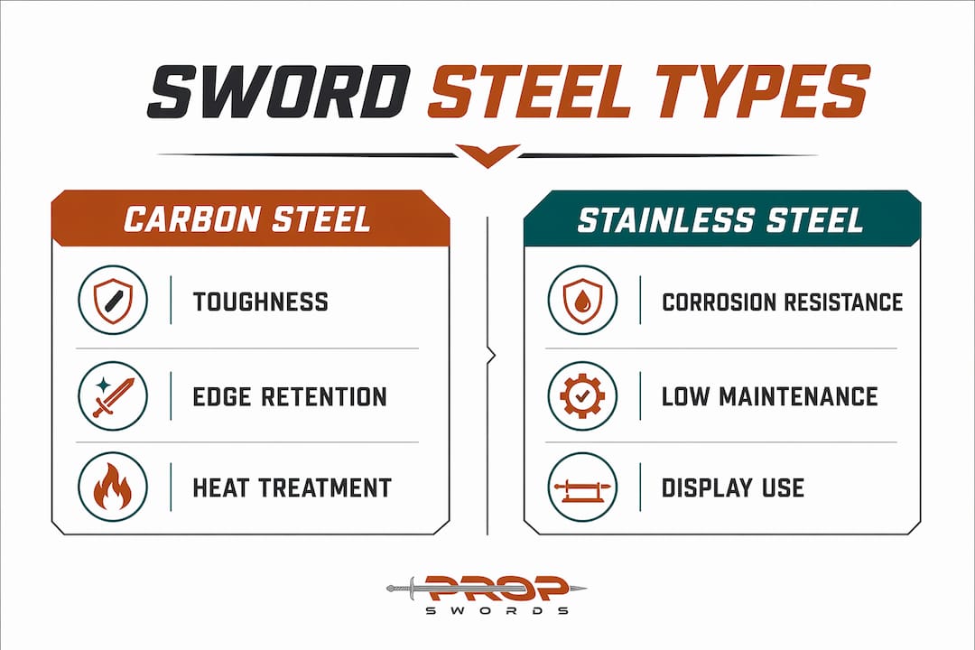 Infographic comparing carbon and stainless steel sword properties