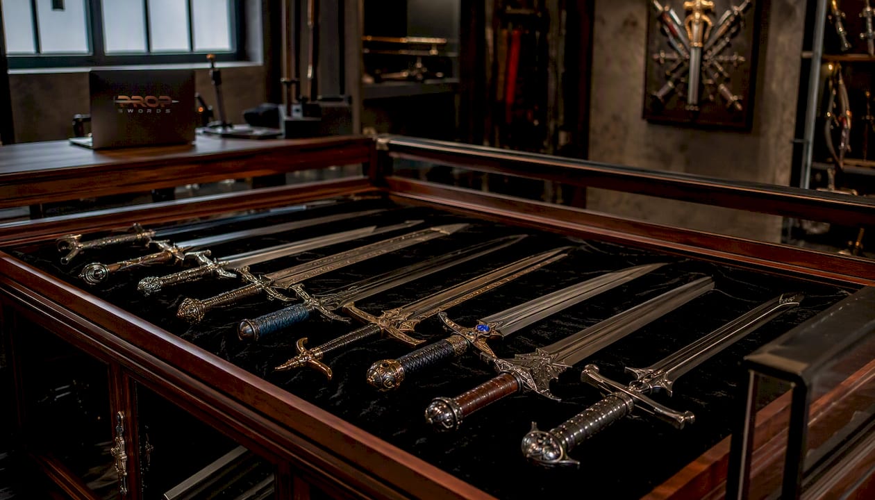 Close-up of specialty replica swords on retail shelf