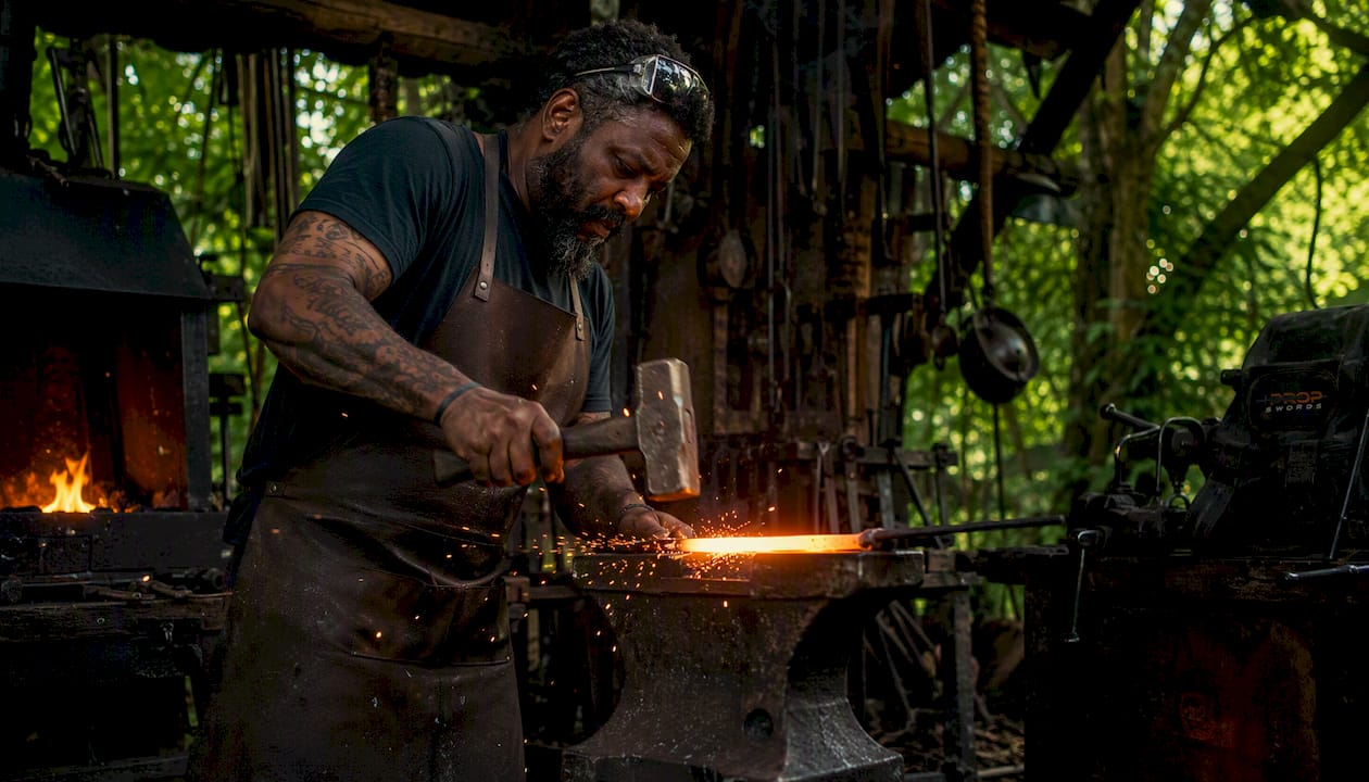 Artisan bladesmith forging sword blade in workshop