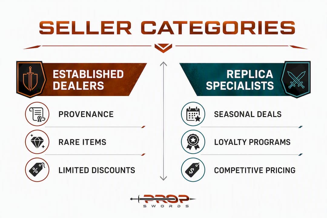 Infographic comparing seller categories for replica swords