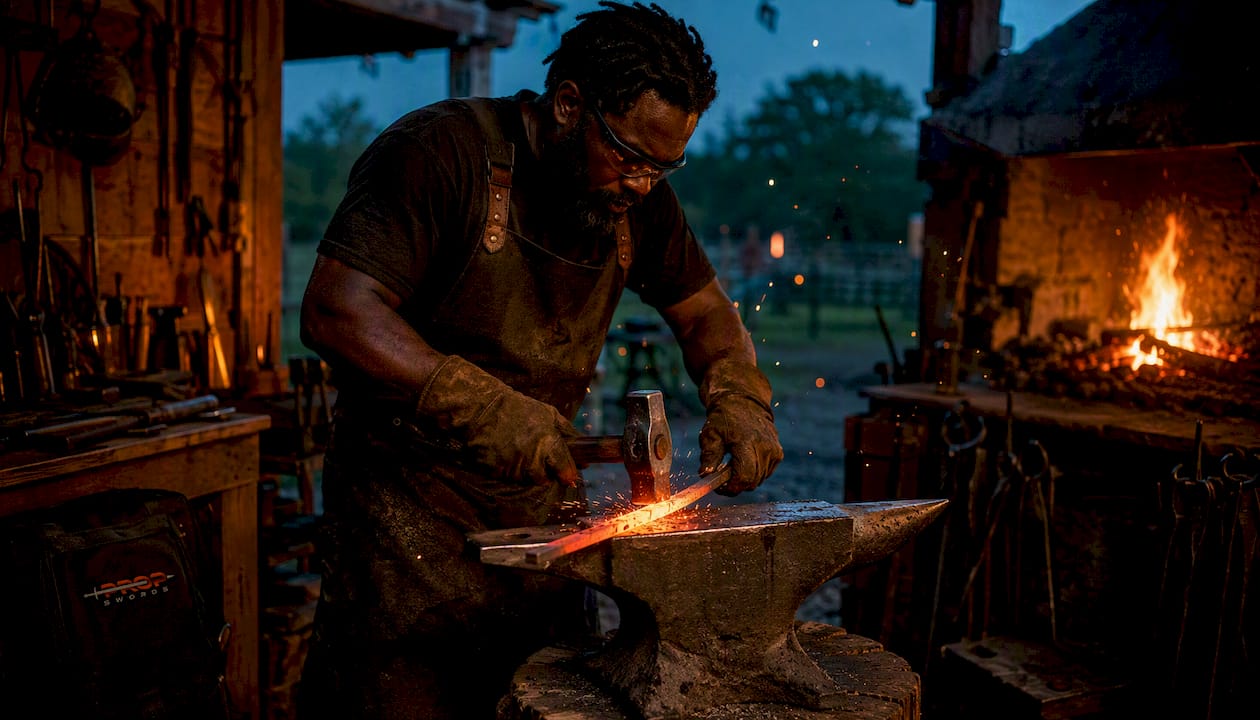 Close-up of sword forging in workshop
