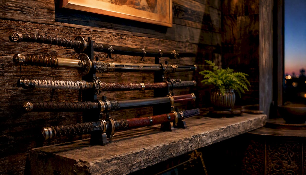 Collector’s replica swords displayed indoors