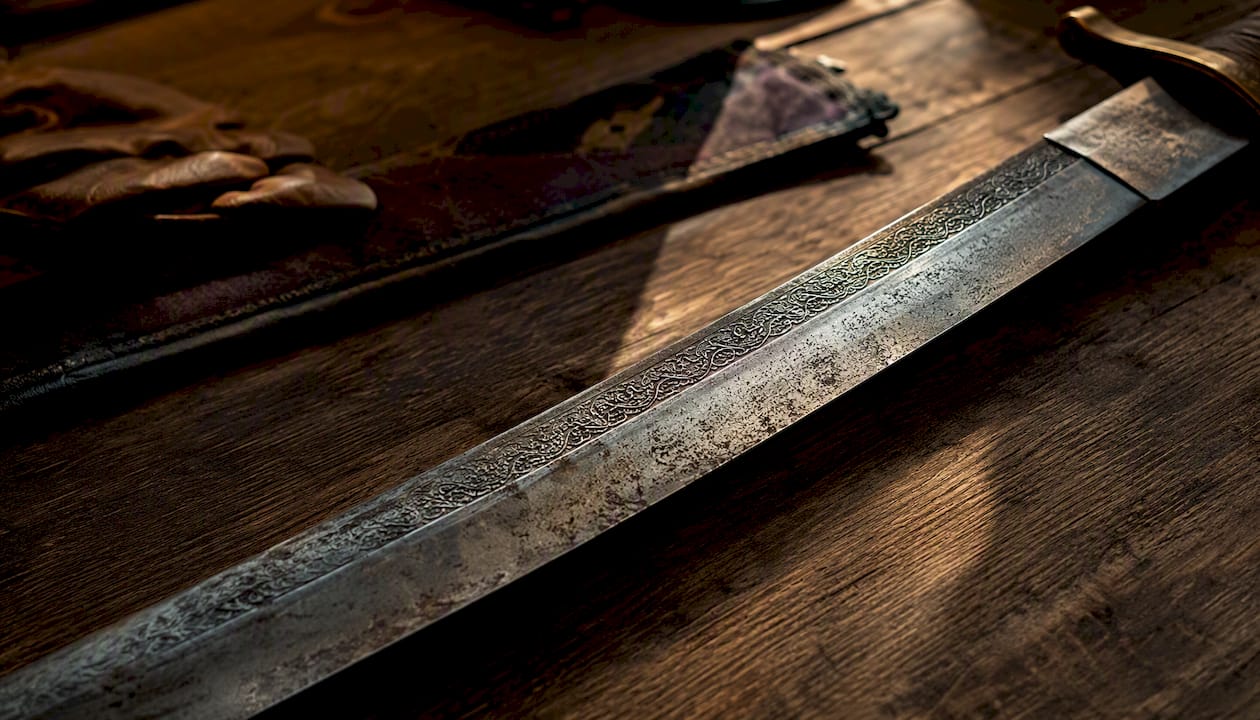 Close-up of antique sword blade on wood