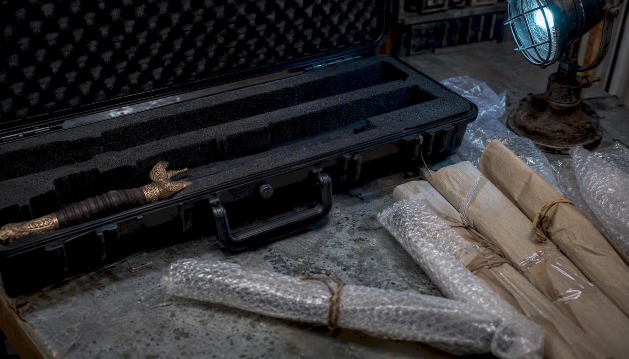 Packing replica sword in foam-lined hard case