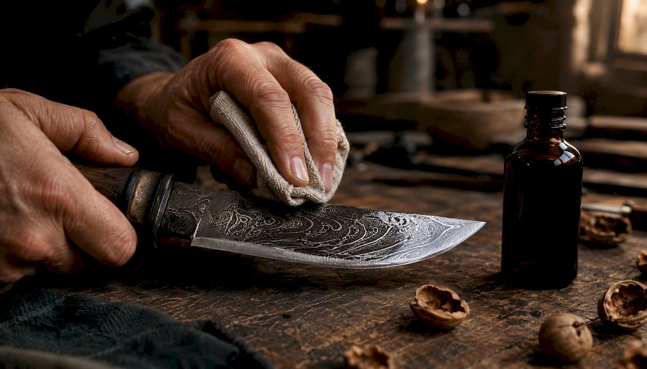 Applying protective oil to Damascus knife blade