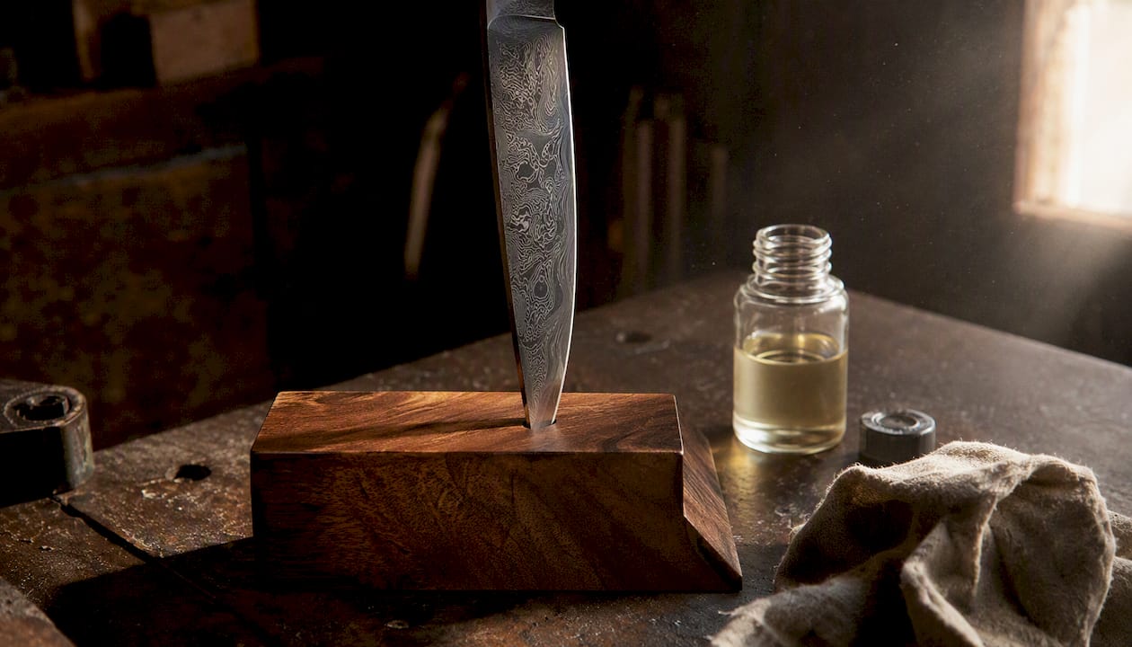 Damascus knife stored with wooden block and mineral oil