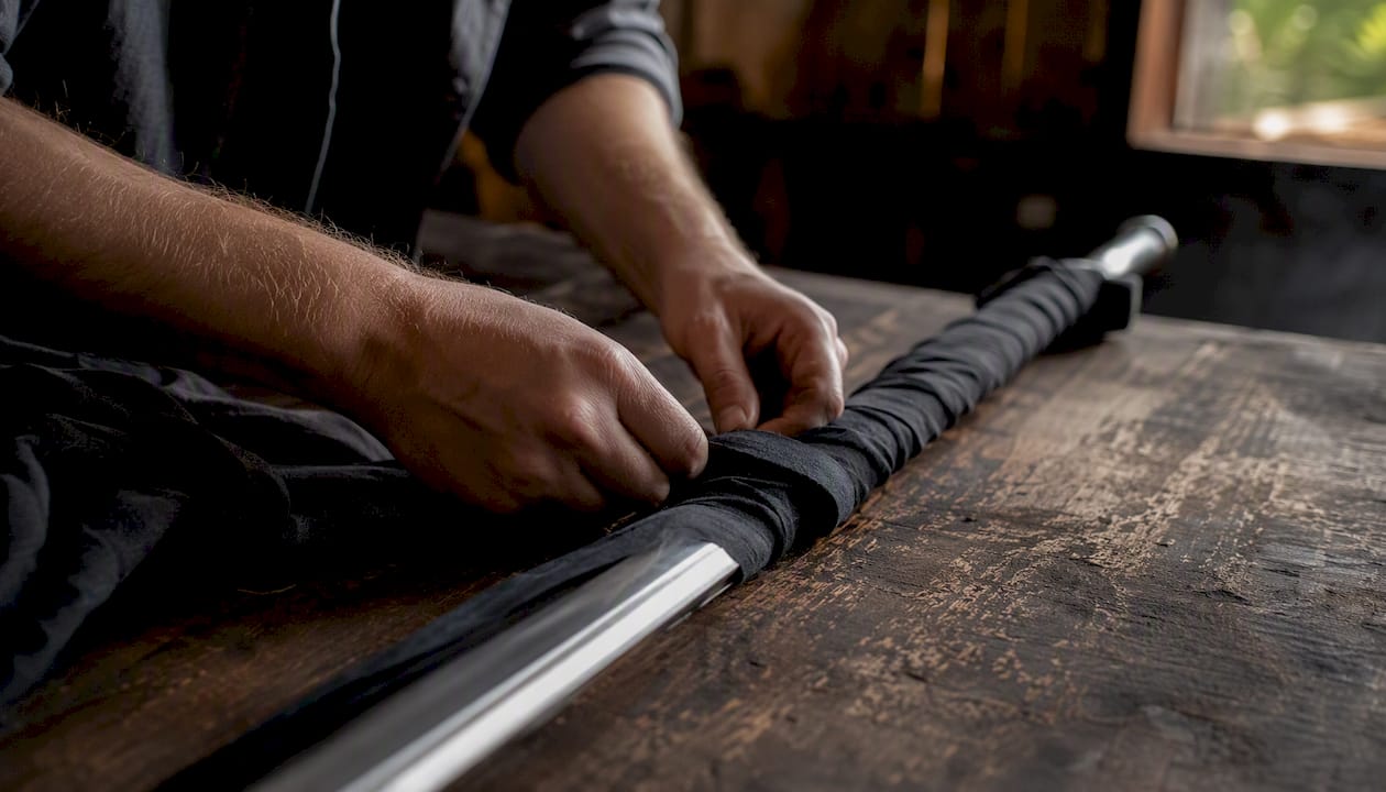 Hands wrapping sword blade in cotton cloth