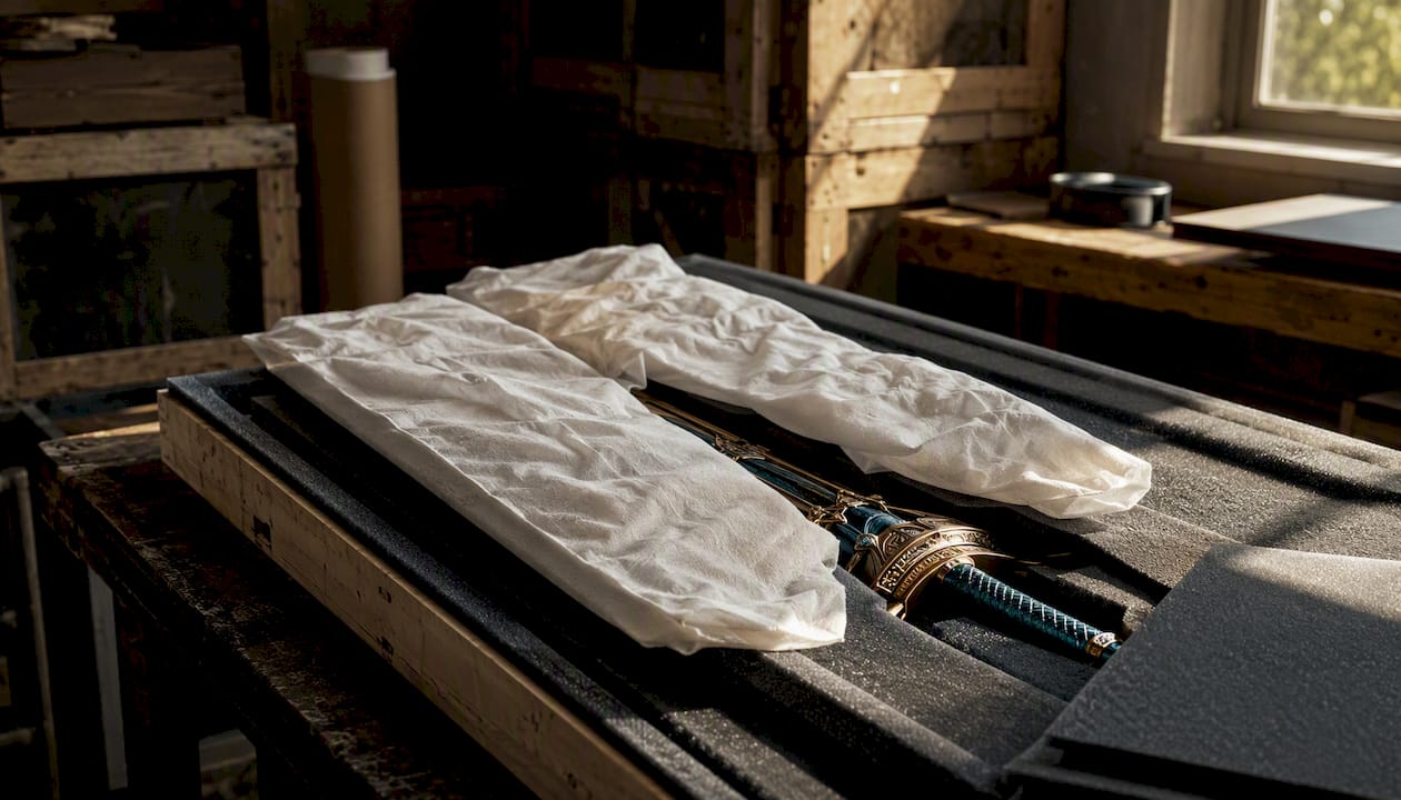 Mounted sword cushioned with foam and cloth in packing