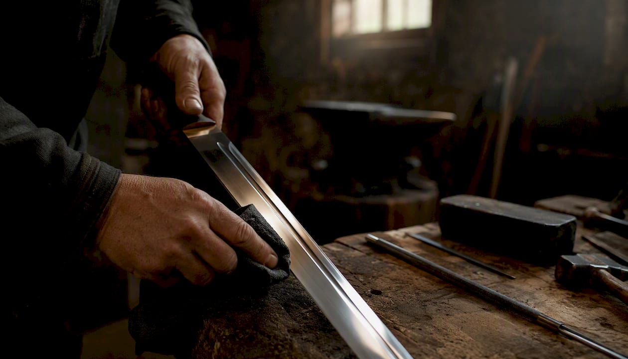 Hands cosmetically finishing replica steel sword edge