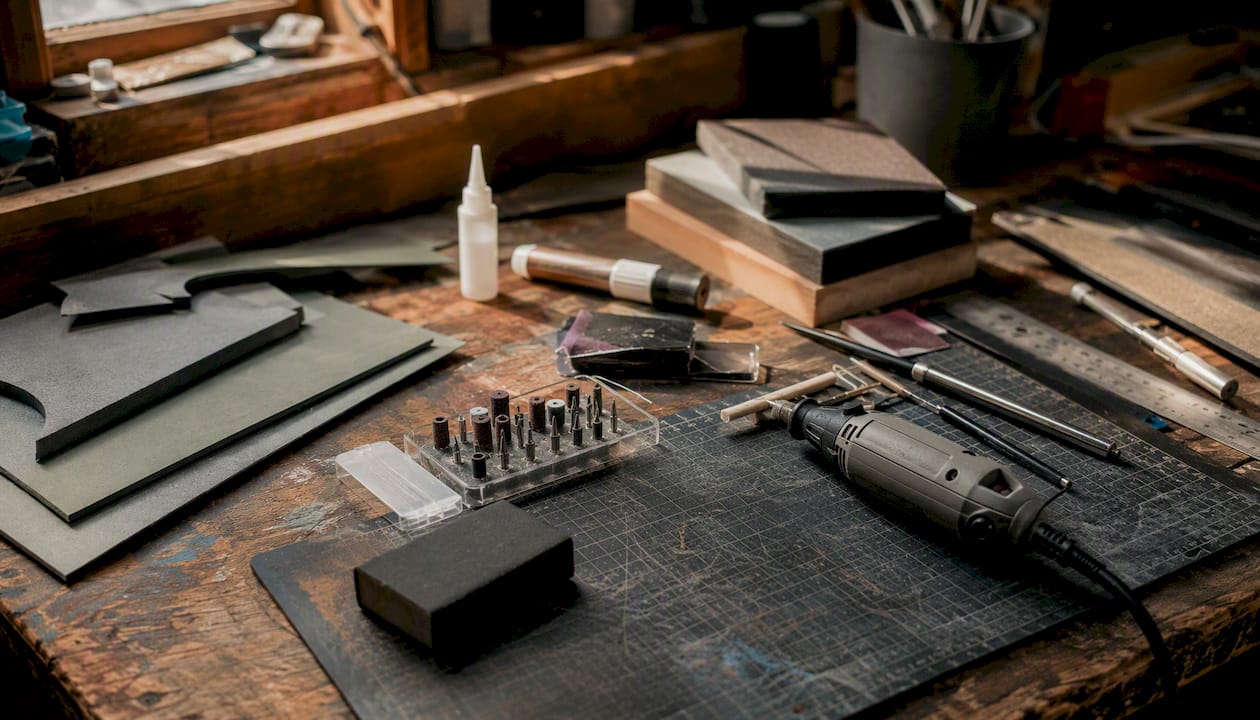 Cosplay sword building tools and materials on table