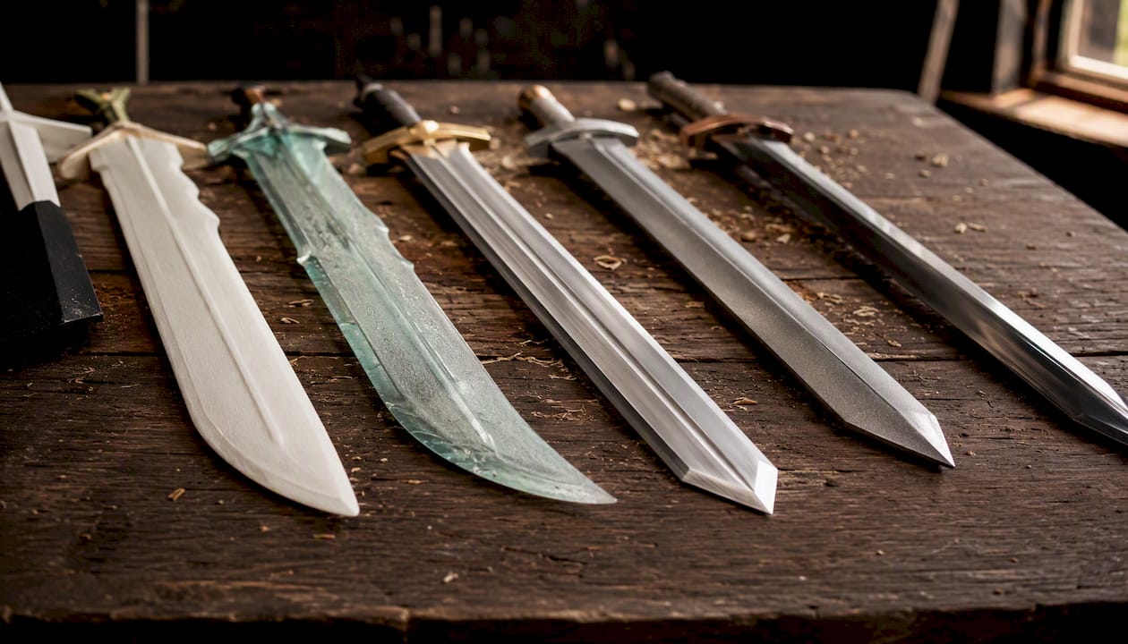 Close-up of five sword replica materials
