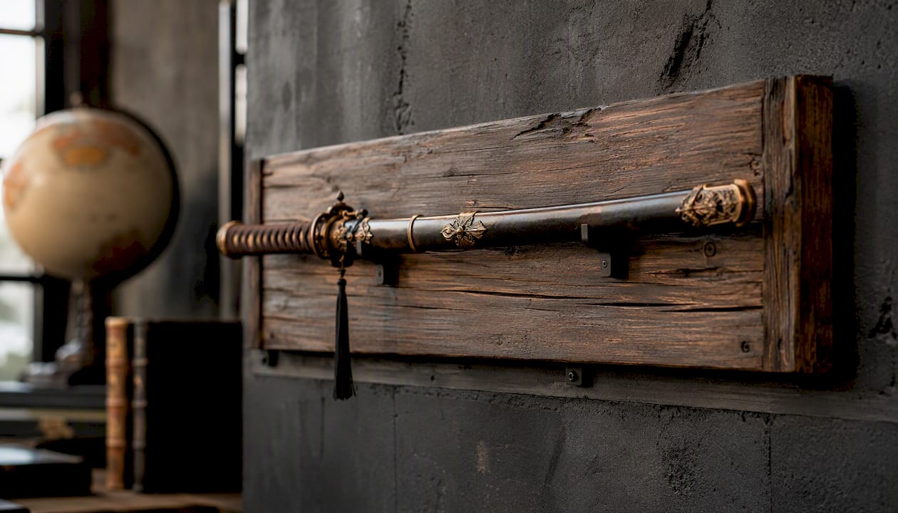 Ceremonial sword plaque with sword on rustic wall
