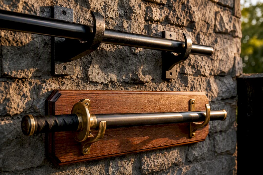 Powder-coated steel and hardwood sword mounts comparison