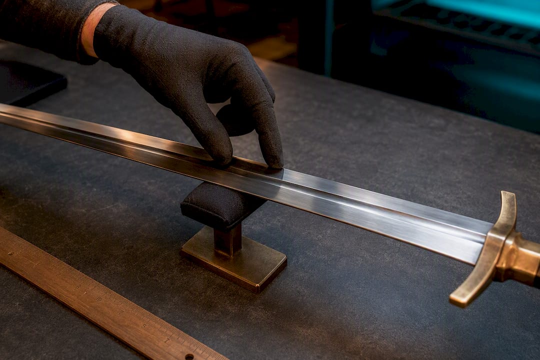 Gloved hand testing sword balance point
