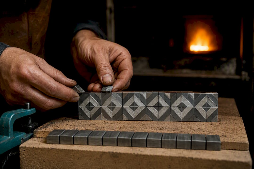 Steel tiles aligned for mosaic Damascus billet