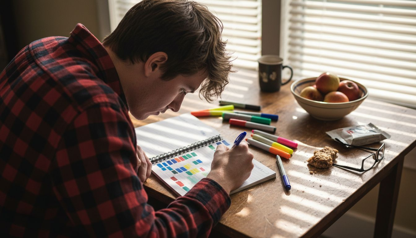 Man mapping emotions with colored journal