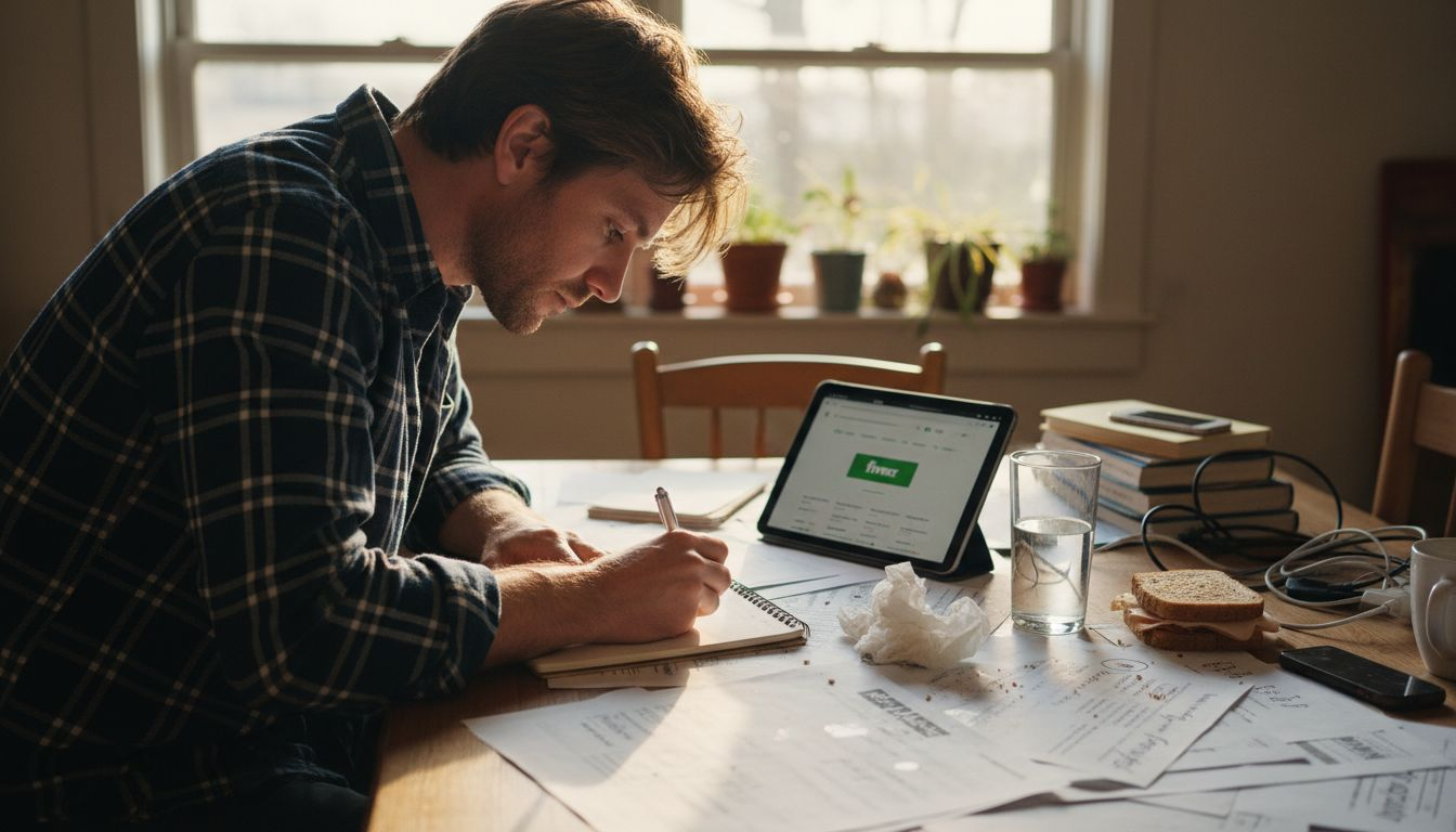 Freelancer researching Fiverr jobs at table