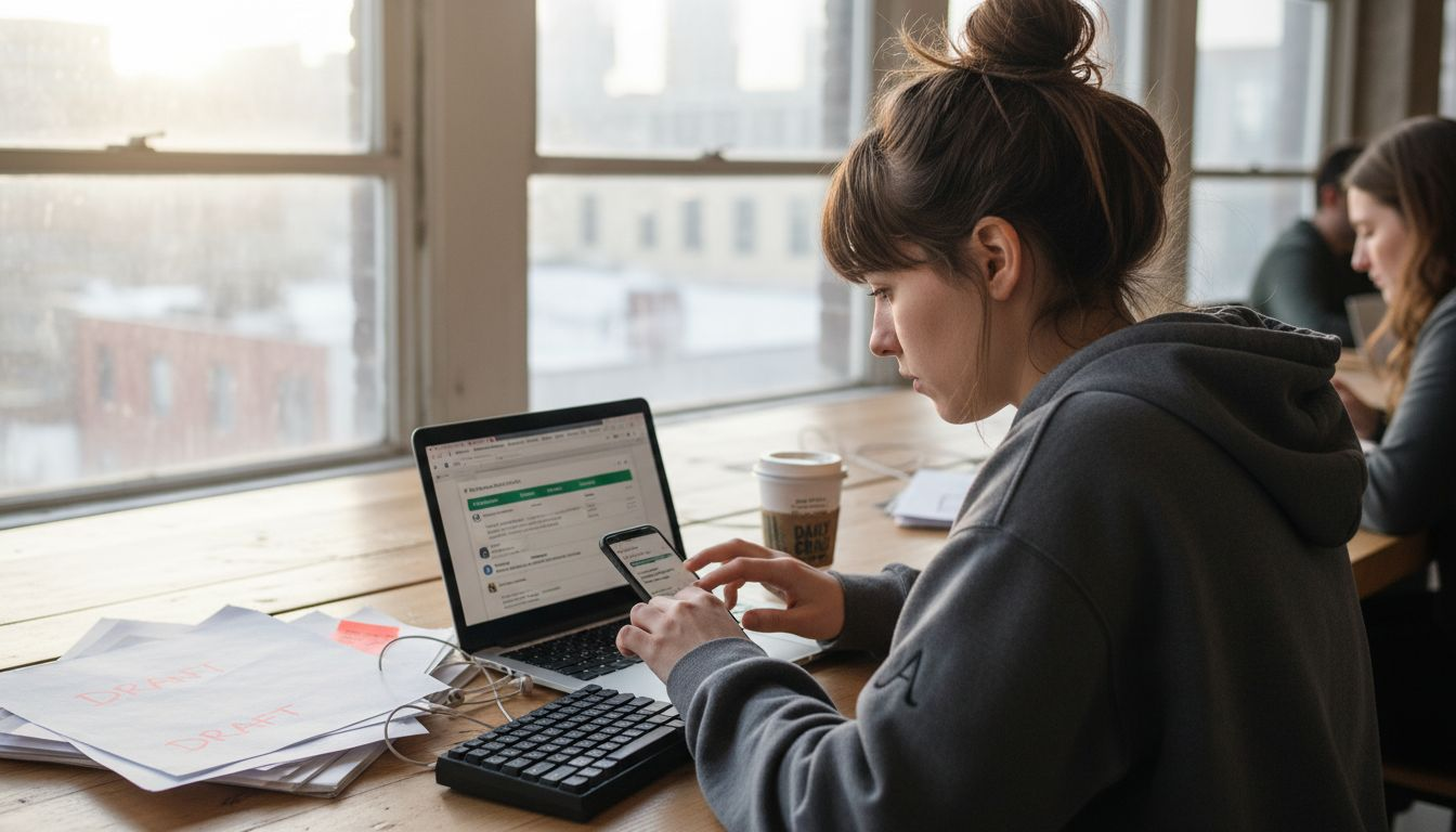 Freelancer managing projects on phone and laptop