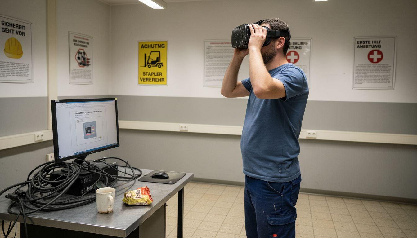 Ein Mitarbeiter bereitet sich auf eine VR-Schulung zum Thema Arbeitssicherheit vor.