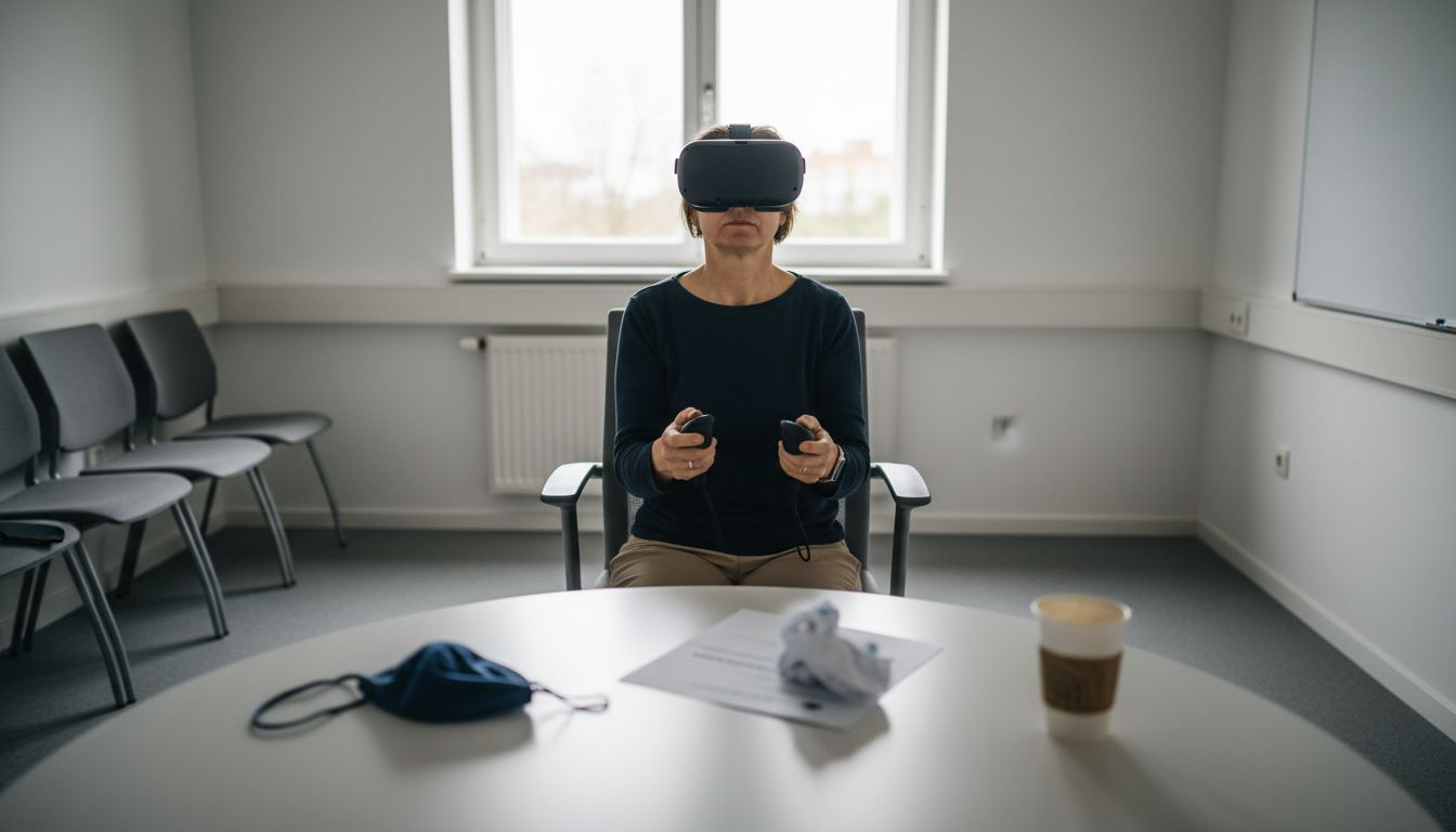 Eine Frau probiert ein VR-Training aus und erlebt dabei eine realistische Besprechungssituation.