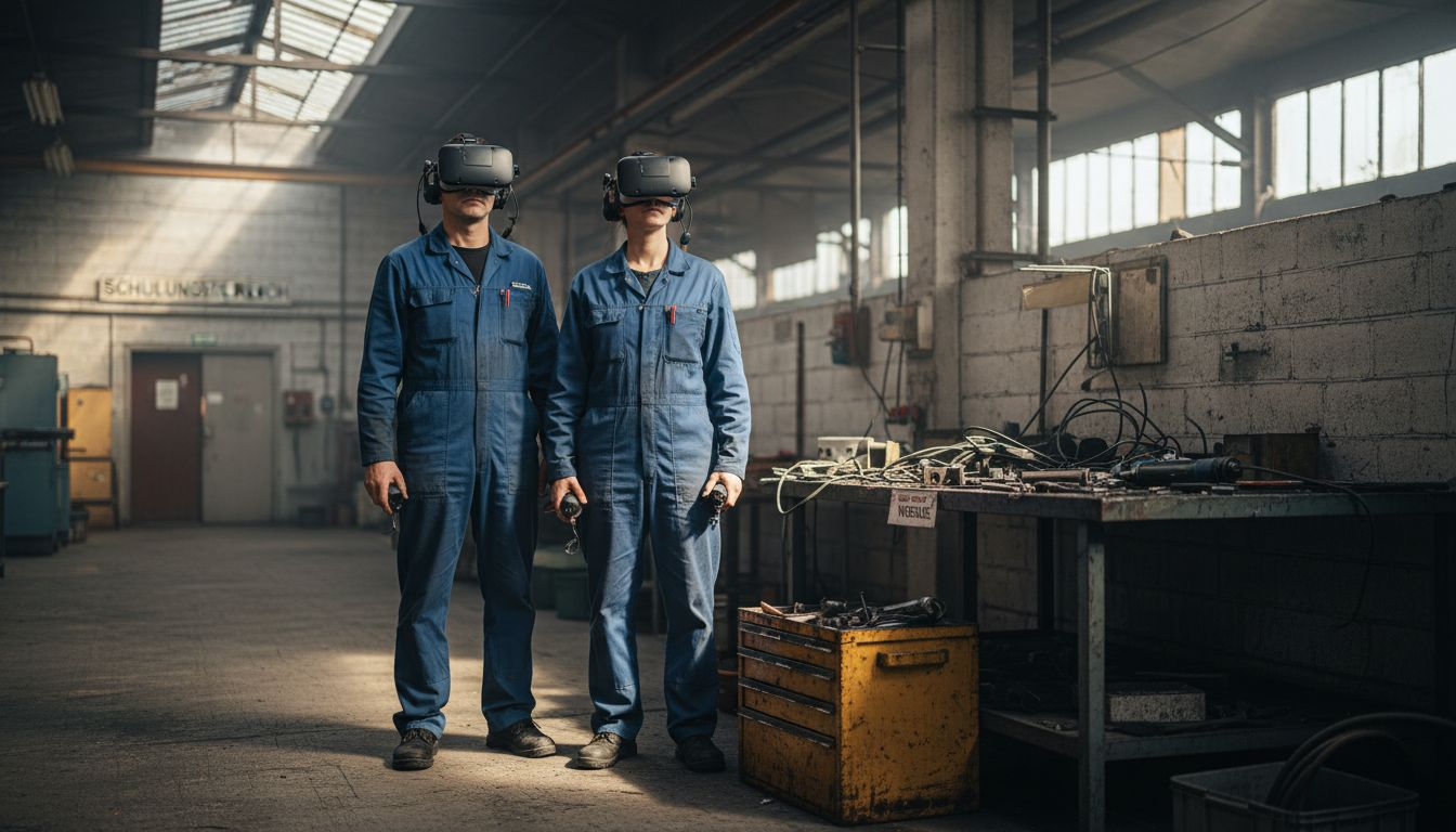 Mitarbeiter tragen VR-Brillen und arbeiten in einer modernen Produktionshalle.