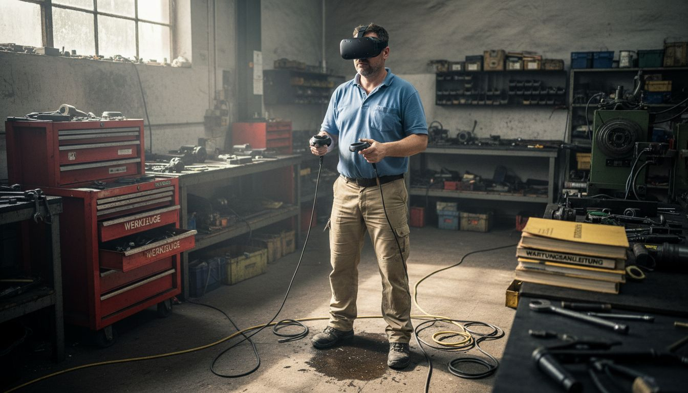 Ein Techniker arbeitet mit Virtual-Reality-Technologie in einer Maschinenwerkstatt.