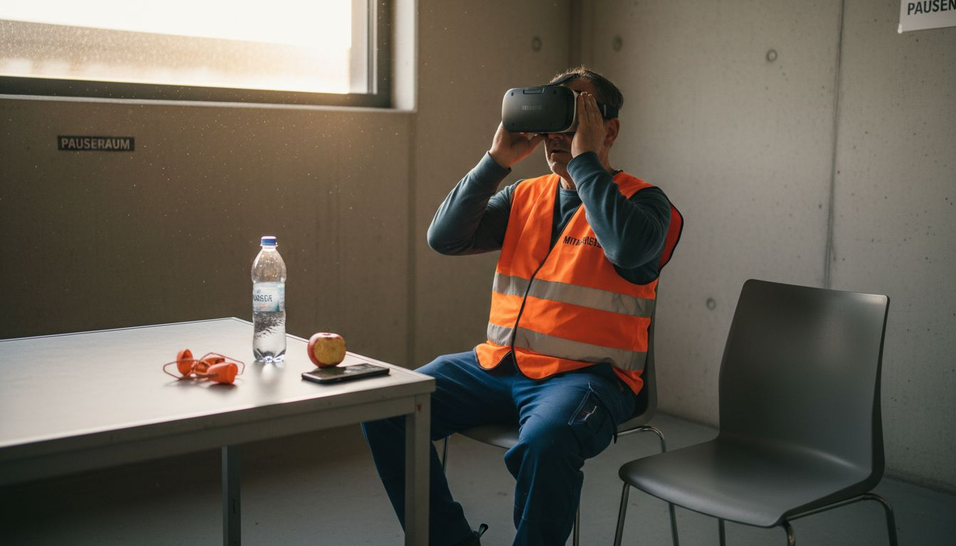 Ein Lagerarbeiter gönnt sich nach dem VR-Training eine wohlverdiente Pause.
