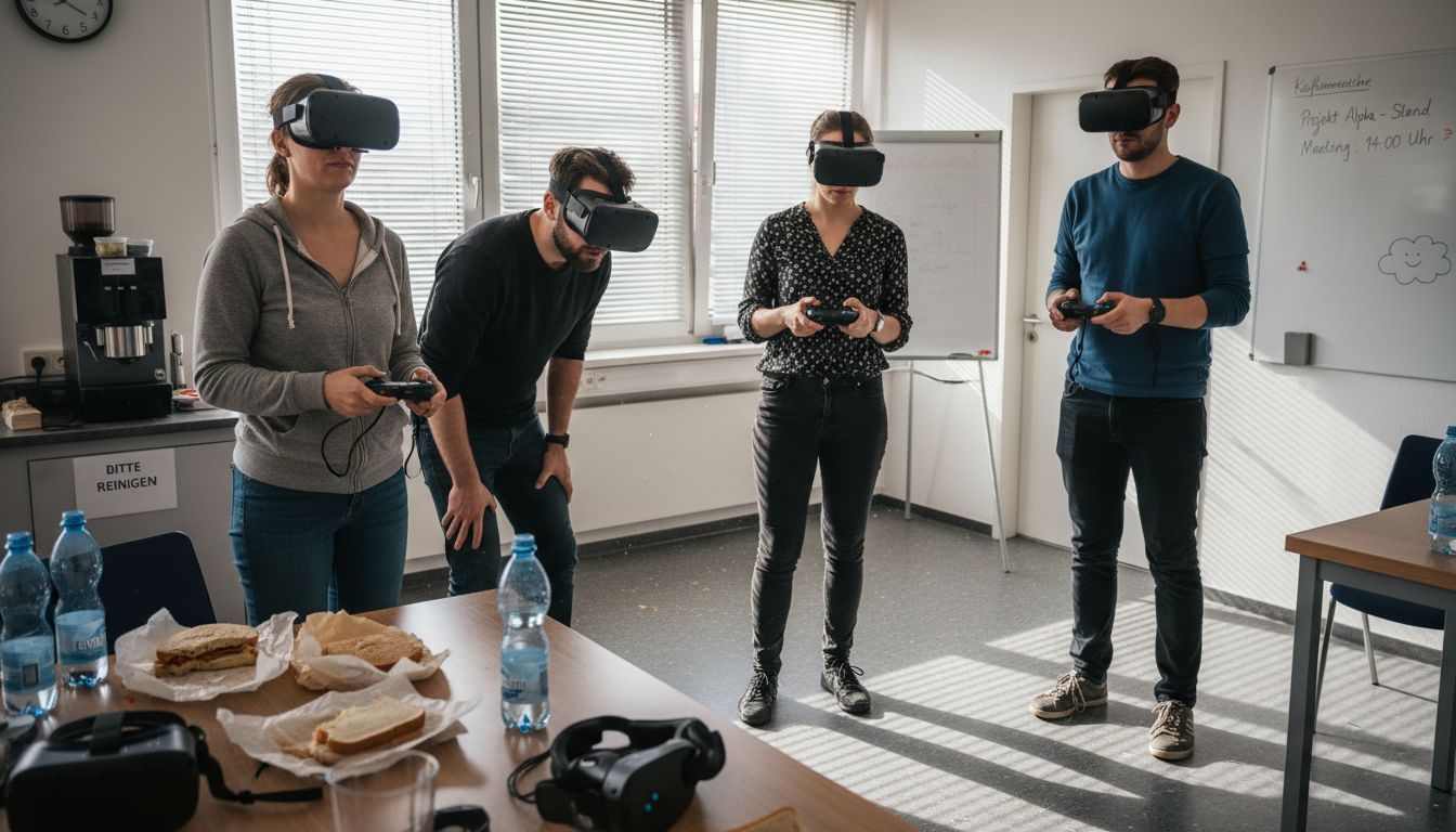 Mitarbeitende absolvieren gemeinsam ein VR-Sicherheitstraining in der Kaffeeküche.