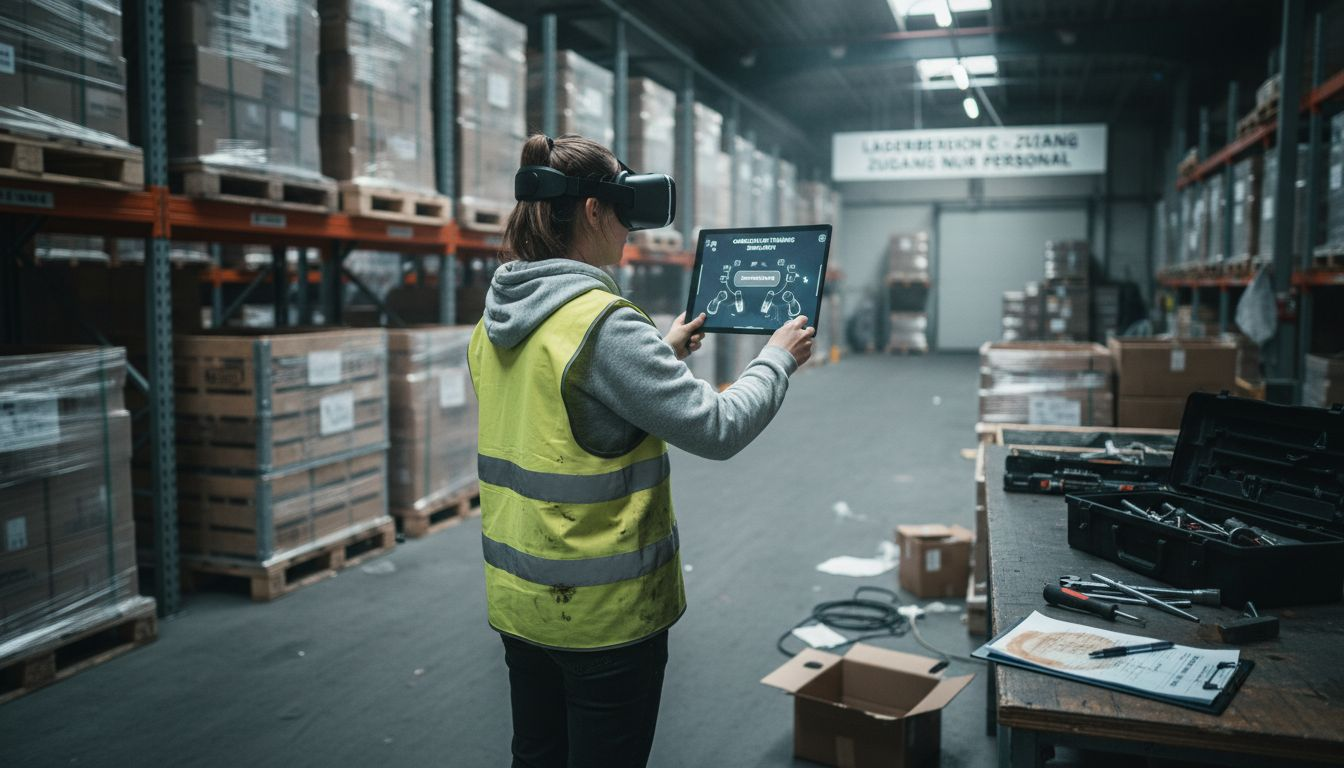 Lagerarbeiter absolvieren Gabelstapler-Schulungen mit Virtual-Reality-Technik.