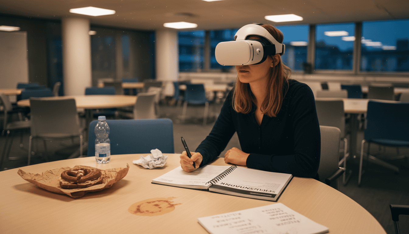 Ein Büroangestellter vertieft sich am Schreibtisch mit einer MR-Brille in eine Lernsession.