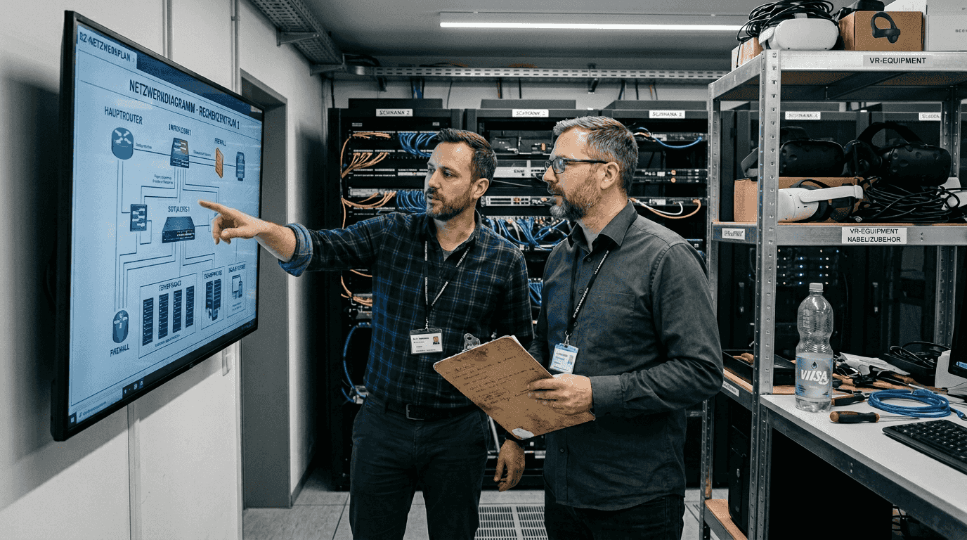 Das IT-Team richtet im Serverraum die VR-Technik ein.