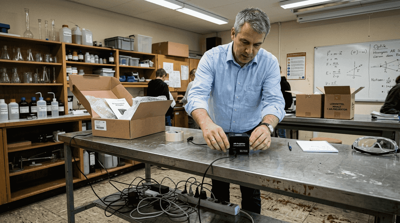Eine Lehrkraft bereitet im Chemielabor einen AR-Beamer für den Unterricht vor.