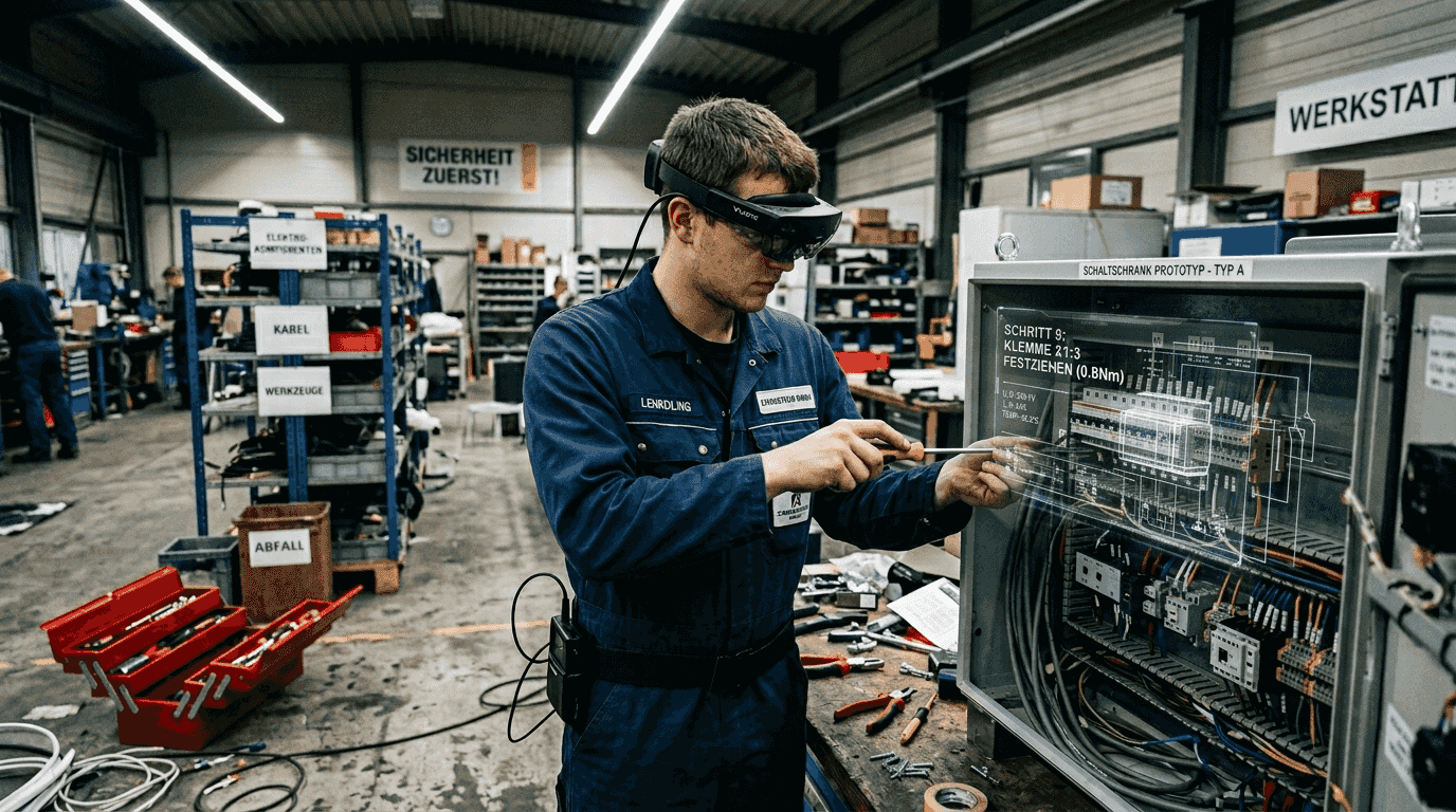 Ein Servicetechniker setzt bei der Mitarbeiterschulung auf eine AR-Brille.