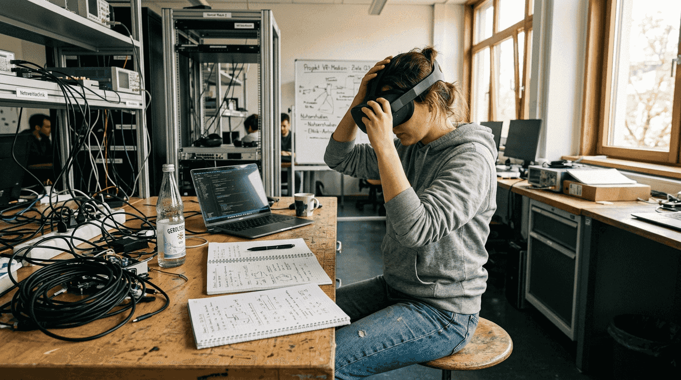 Ein Student richtet im Labor seinen Arbeitsplatz für die Nutzung einer VR-Brille ein.