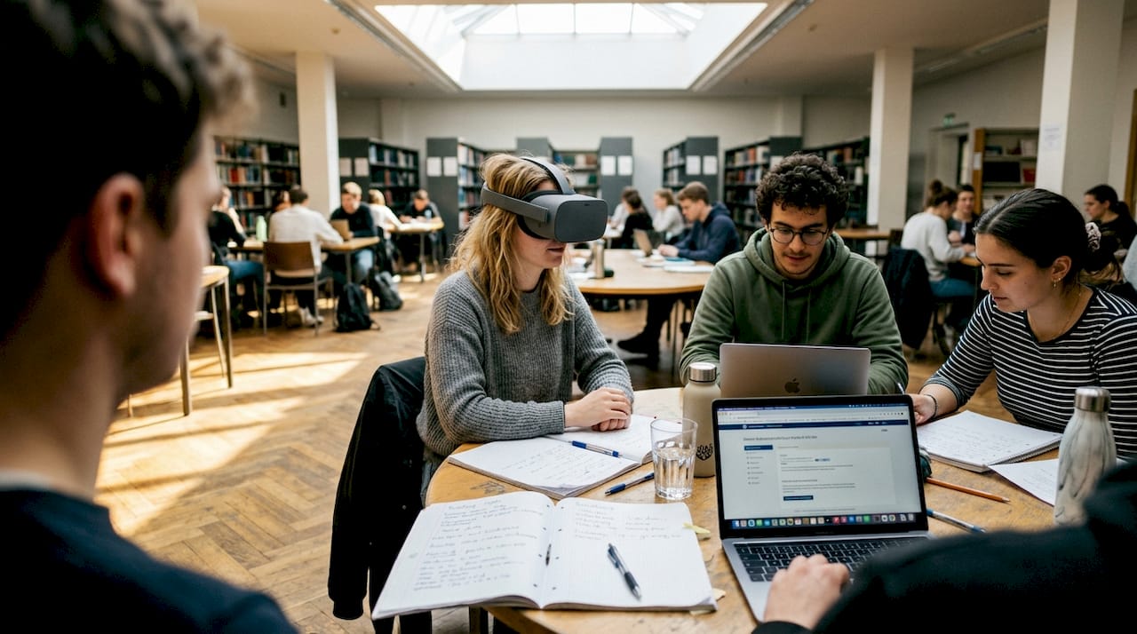 In der Bibliothek tauchen Studierende mit VR-Brillen in virtuelle Welten ein.