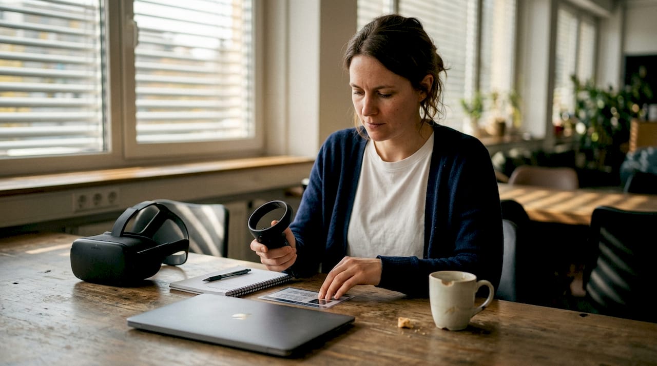 Eine Frau probiert in der Pause die Steuerung einer VR-Brille aus.