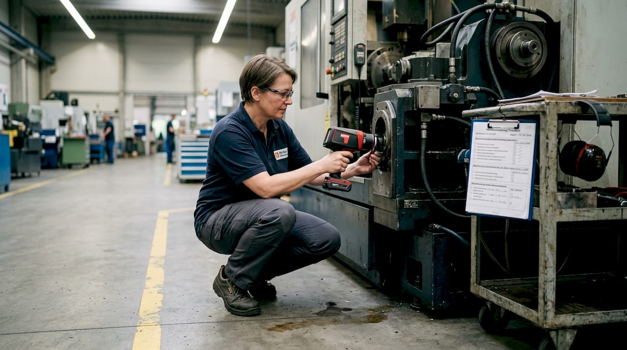 Ein Techniker führt mit einem Laserscanner Messungen in der Produktionshalle durch.