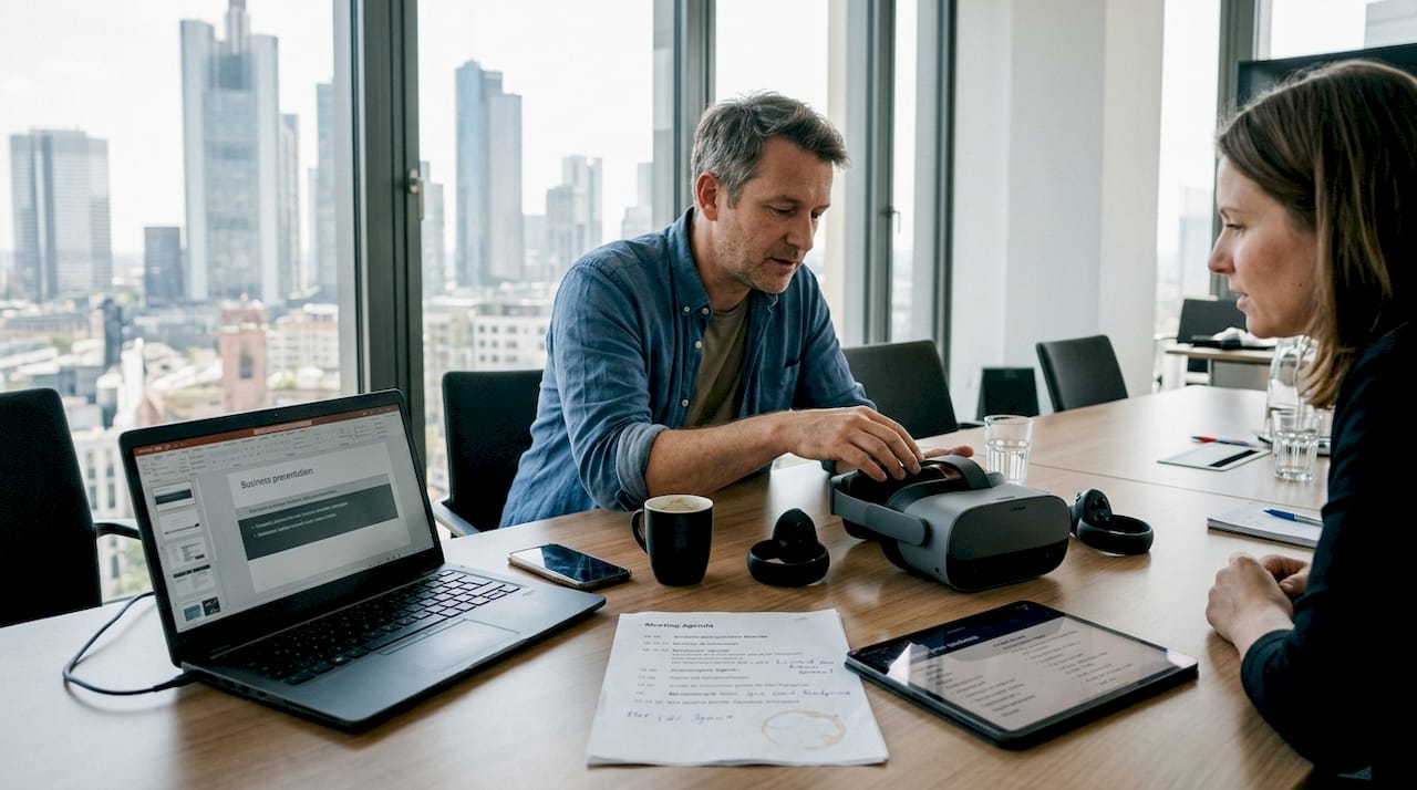 Im Meeting diskutieren die Kollegen über die Vor- und Nachteile verschiedener XR-Geräte.