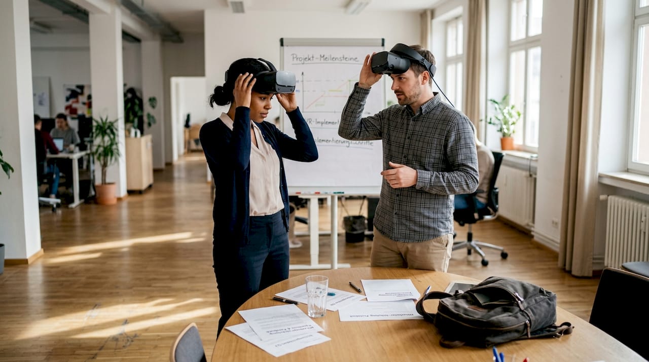 Mitarbeiter nutzen VR-Brillen gemeinsam im offenen Büro.