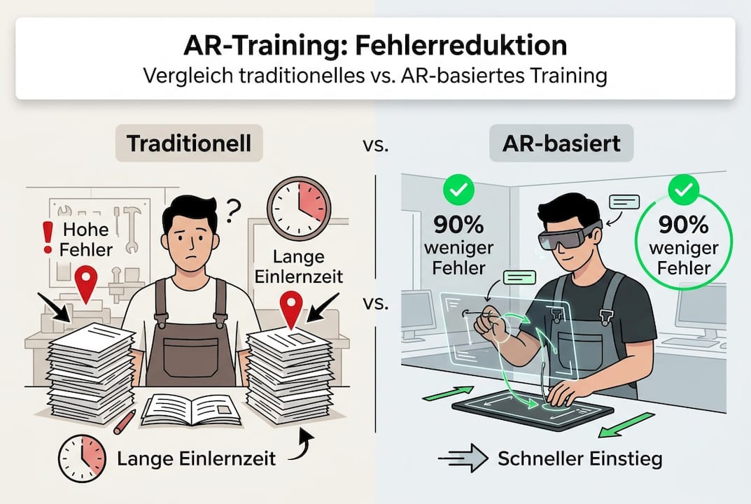 Infografik: Fehlerquoten im Vergleich – AR-gestütztes Training versus klassische Schulungsmethoden