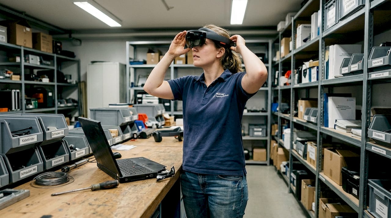 Ein Techniker richtet im Büro ein AR-Headset ein.