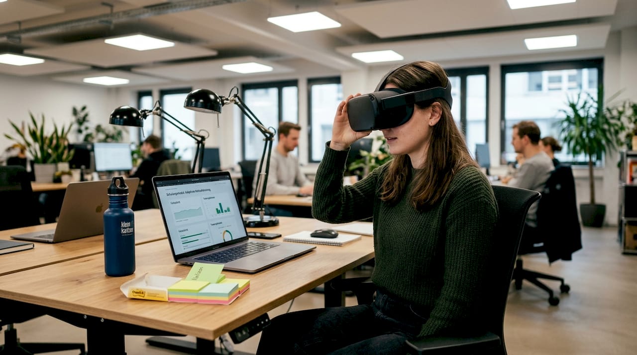 Eine Frau passt ihr VR-Headset an, um sich auf ein individuelles Training vorzubereiten.