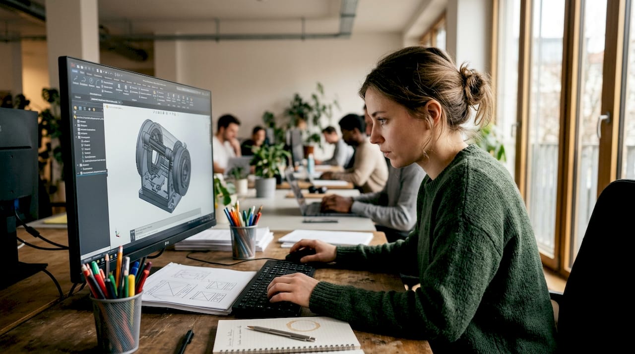 Eine Frau betrachtet am Computer ein 3D-Modell.